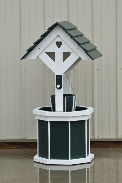 4 ft. Poly Wishing Well with Planter Bucket, Green and White