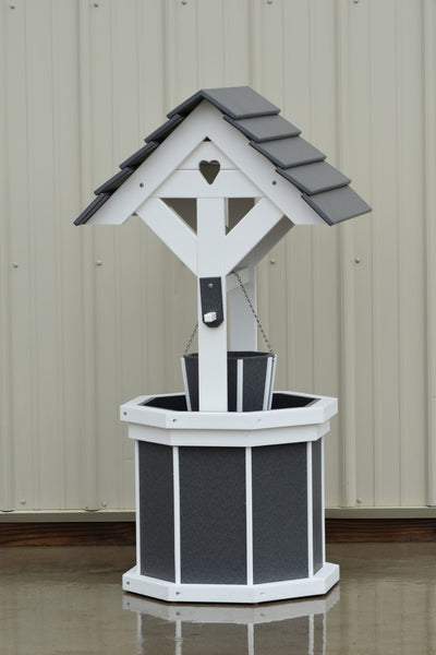 4 ft. Poly Wishing Well with Planter Bucket, Gray and White